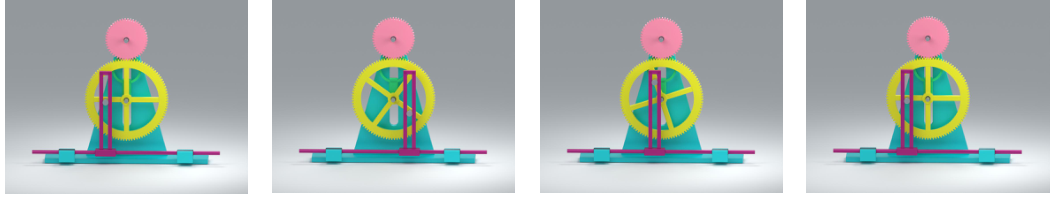 Four chronological Blender frames of a mechanical system from T1